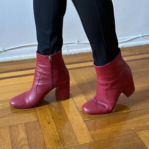 Nine West Jilene red ankle chunk block heel square toe leather